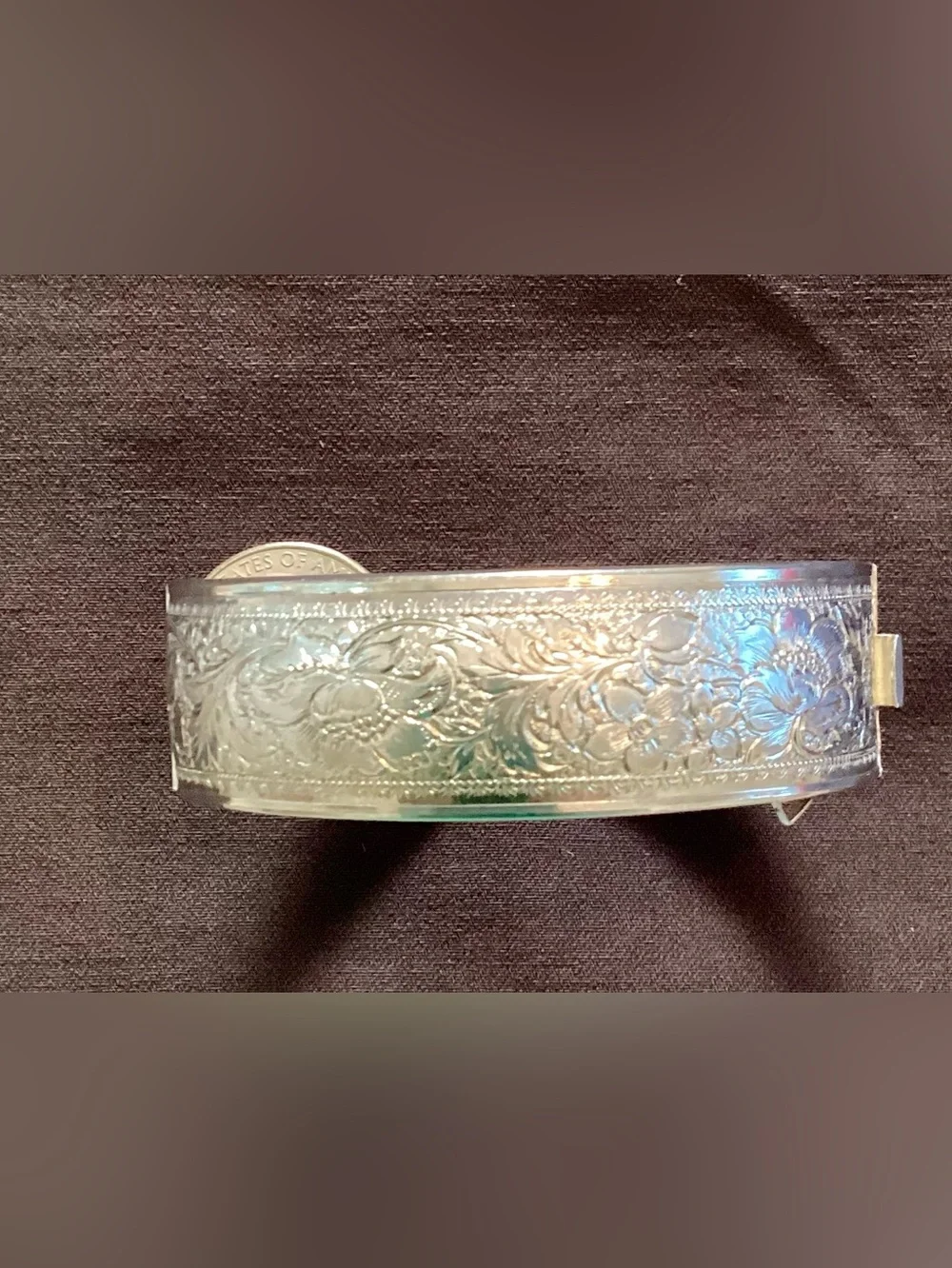 Vintage Victorian Revival Etched Silver Tone Bangle Bracelet